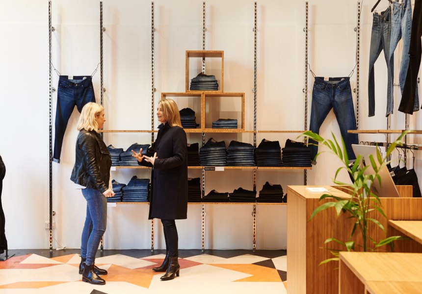 Denim retail display — Azim & Son woven bottoms